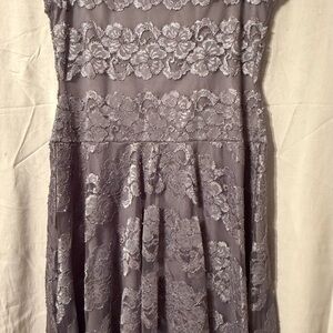Elegant Lace Midi Dress in Graphite, with cap sleeves and fully lined.